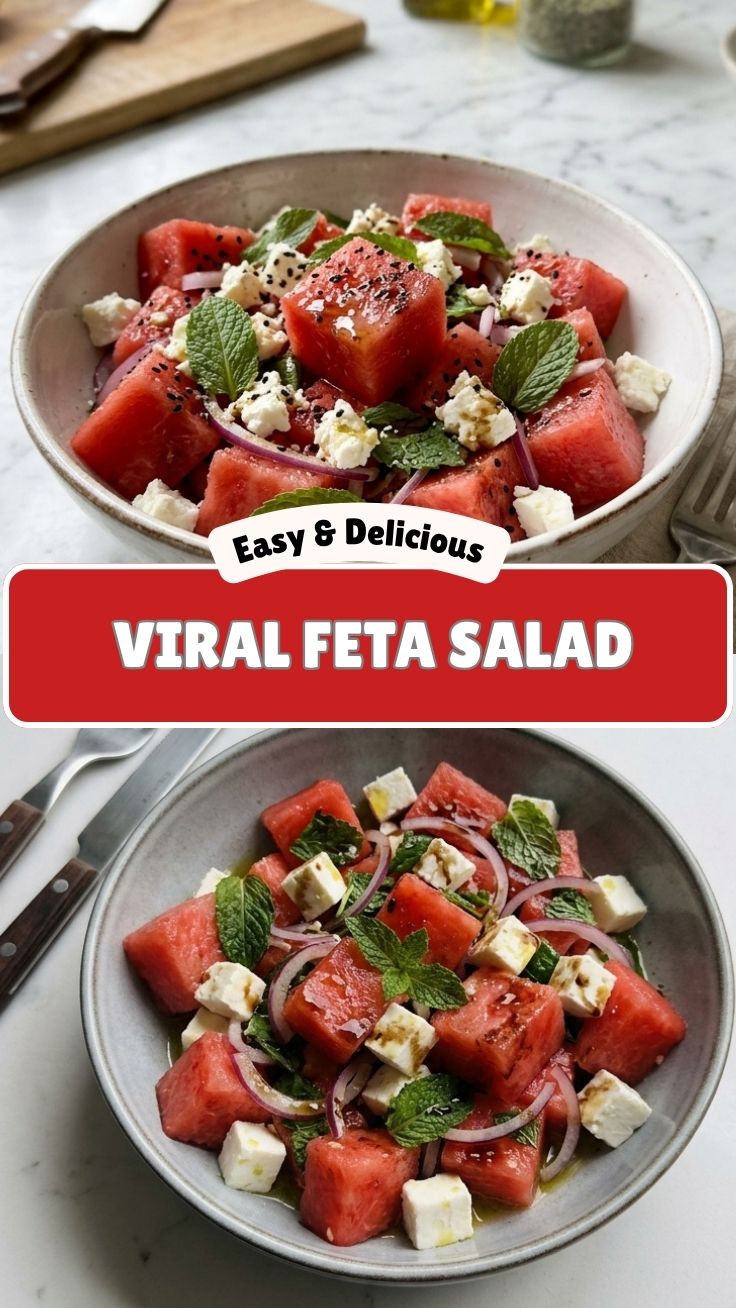A refreshing healthy watermelon feta salad with mint on a white plate