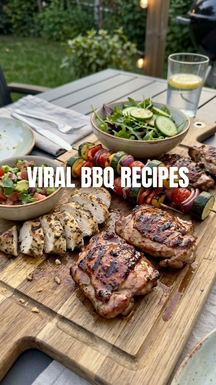 A collection of healthy weight loss BBQ recipes spread on a picnic table.