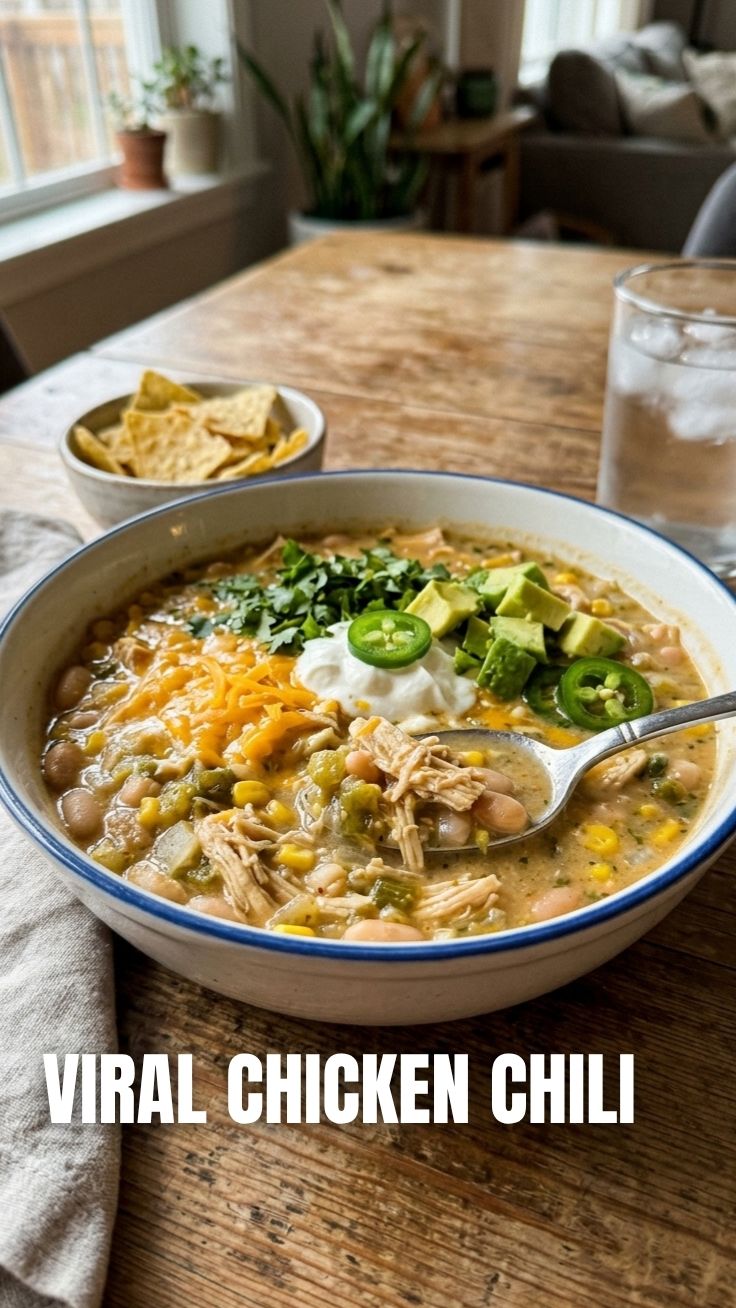 A bowl of healthy white chicken chili, garnished with fresh cilantro