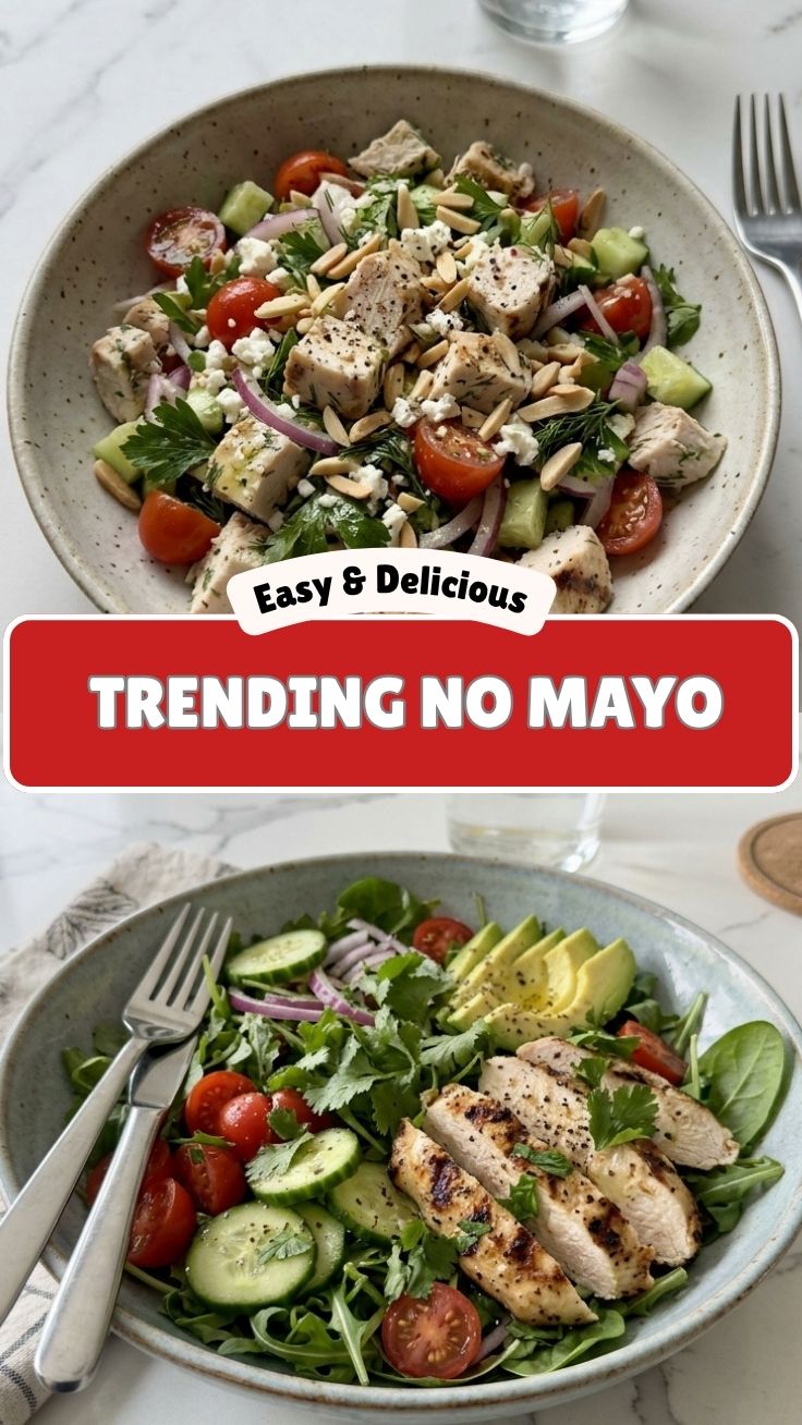 A bowl of high protein chicken salad made without mayonnaise, featuring fresh vegetables.