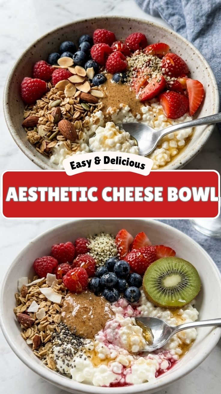 A full bowl of high protein cottage cheese topped with various healthy ingredients.
