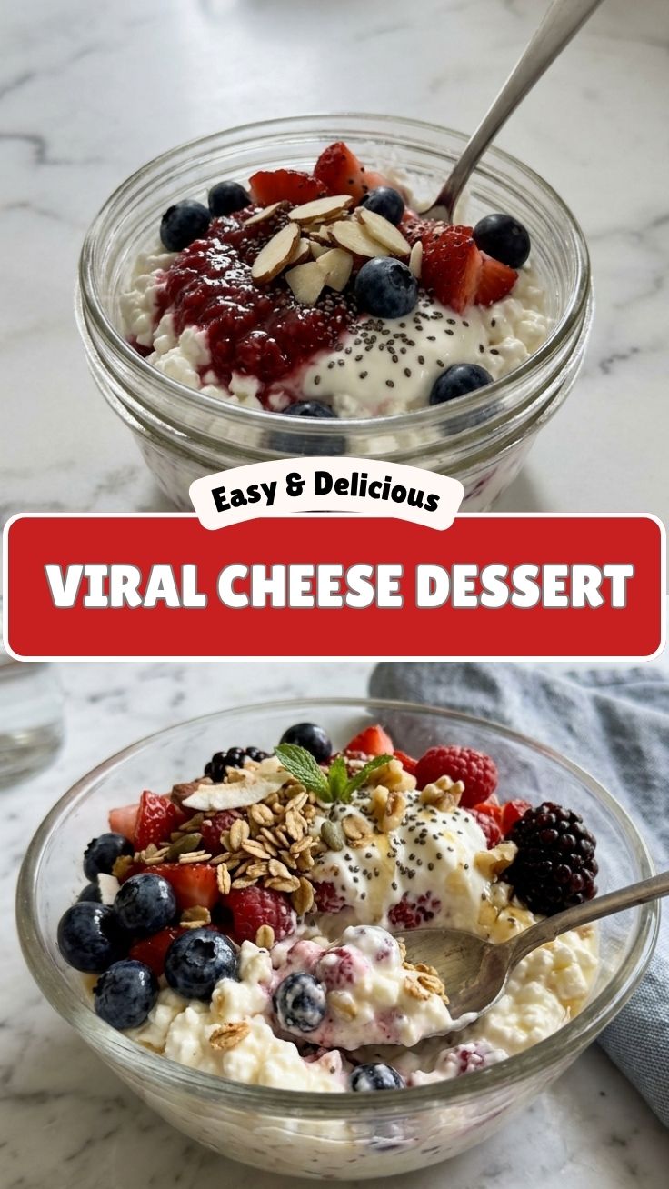 A high protein cottage cheese dessert topped with berries in a glass bowl.