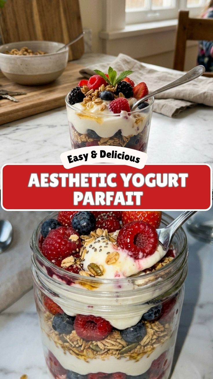 An appetizing high protein Greek yogurt parfait layered with berries and granola.