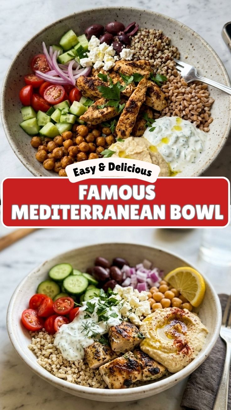 A vibrant high protein Mediterranean bowl filled with fresh ingredients.