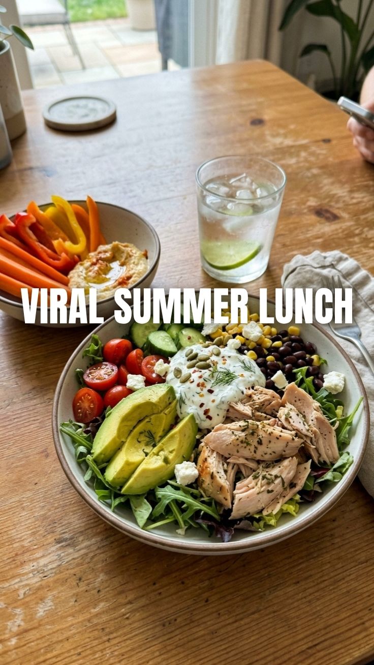 A colorful high protein no cook summer lunch spread on a picnic blanket.