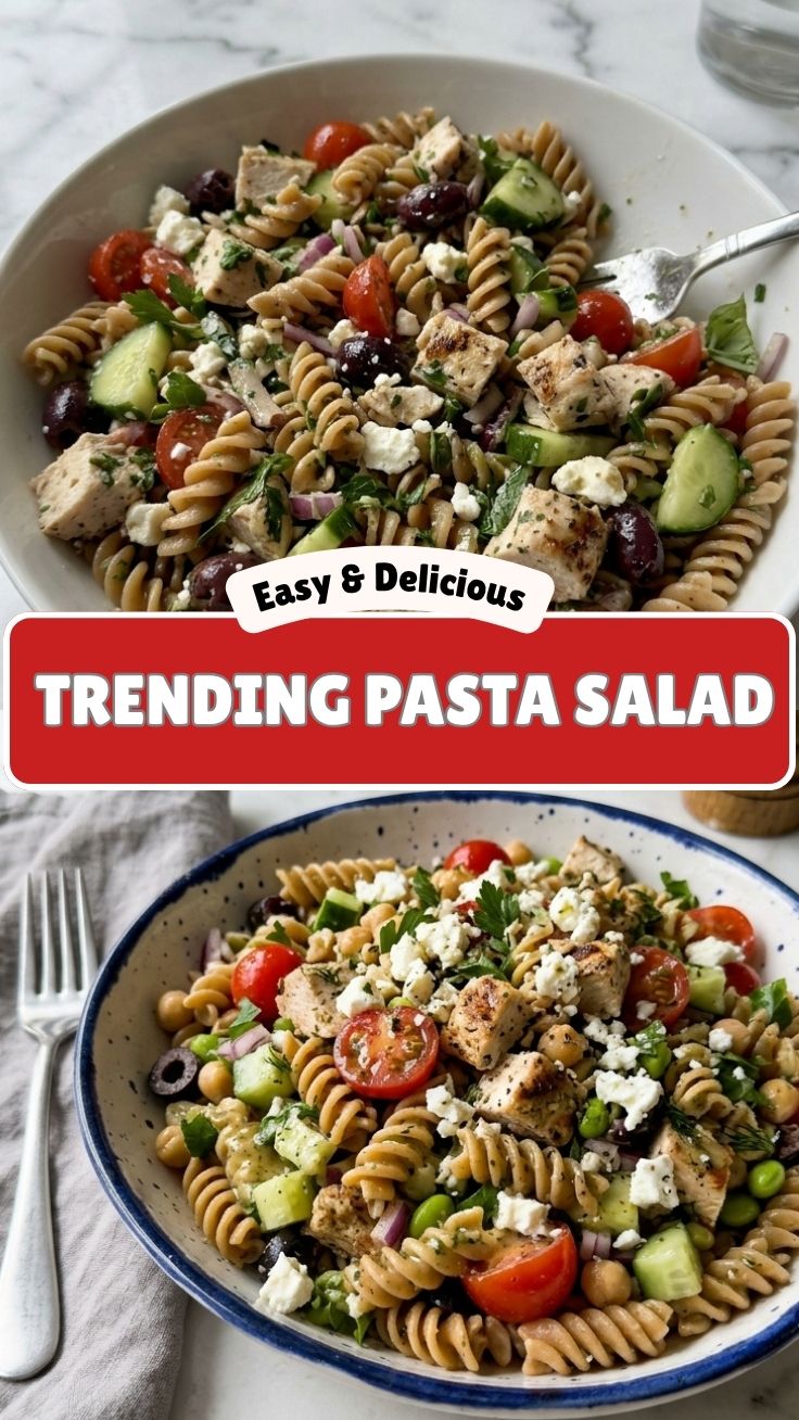 A vibrant bowl of high protein pasta salad with fresh vegetables and chicken.