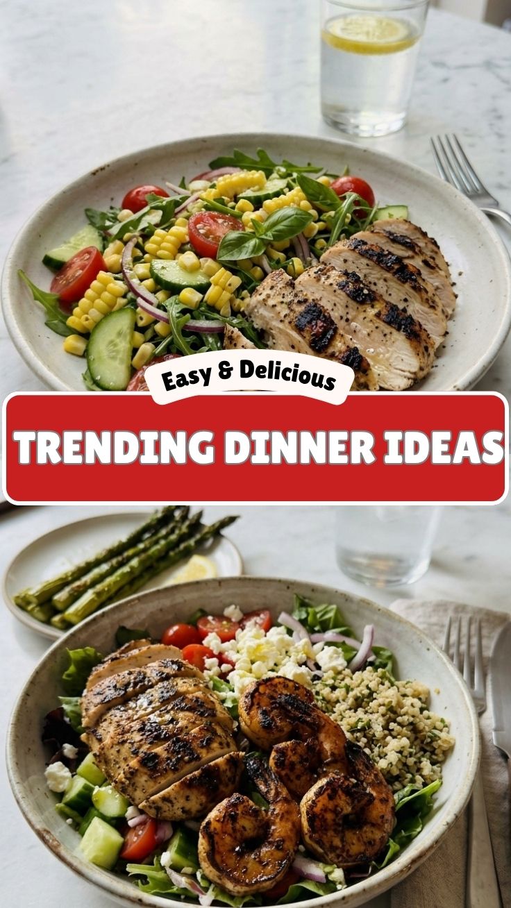 Collection of various high protein summer dinner ideas served in bowls