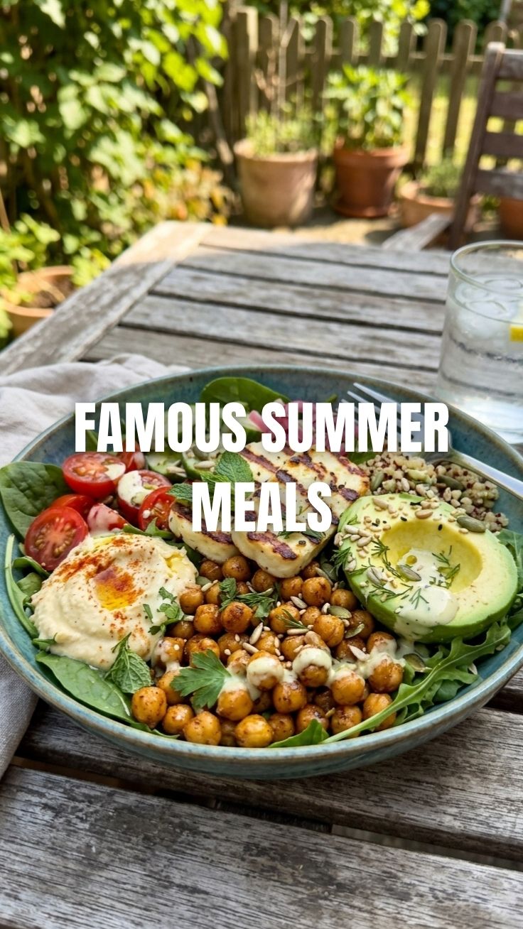 A vibrant bowl of high protein vegetarian summer meal featuring quinoa, grilled vegetables, and chickpeas