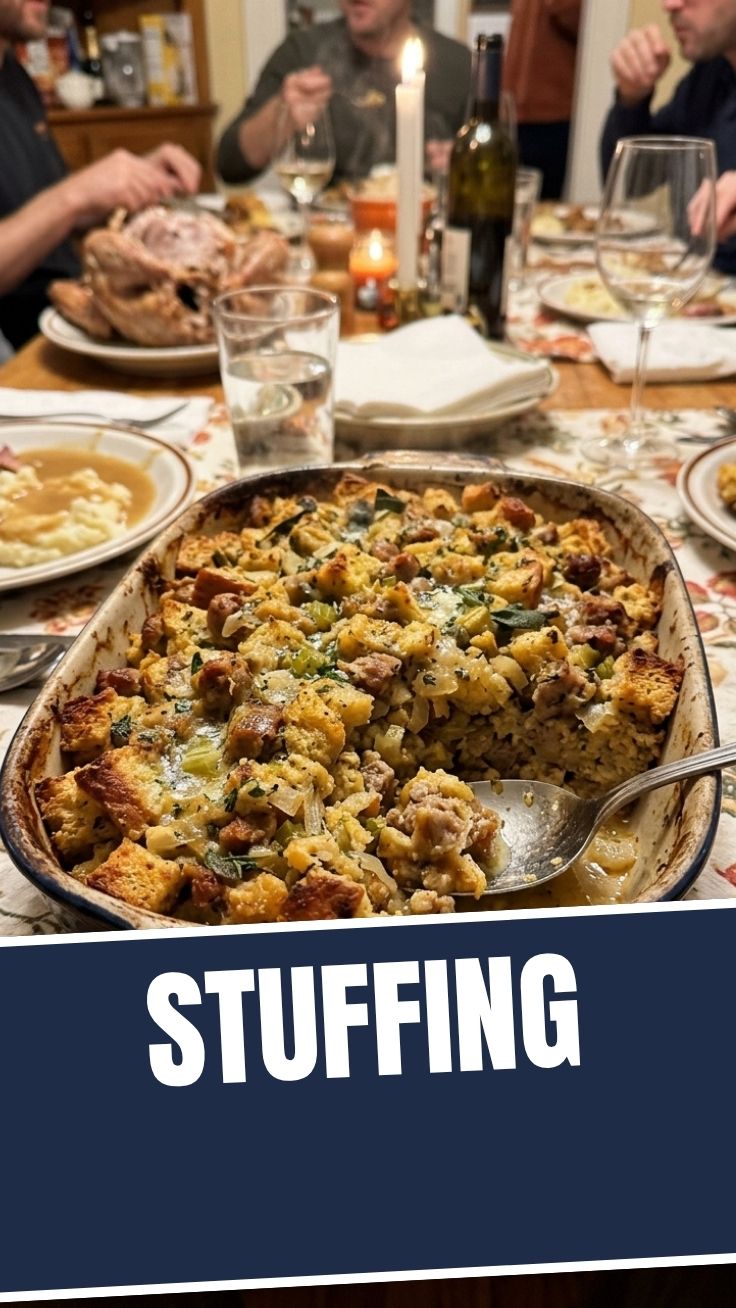 A golden-brown stuffing in a baking dish, ready for serving