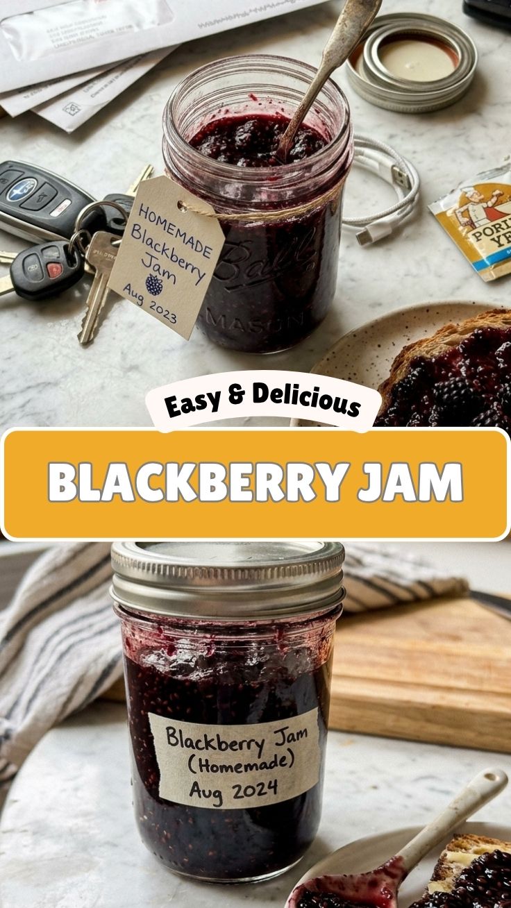 A jar of rich homemade blackberry jam with fresh blackberries