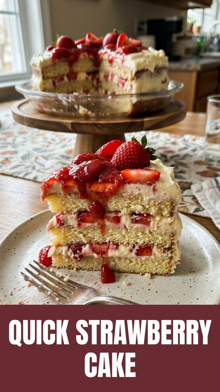 A freshly baked homemade strawberry cake with creamy frosting