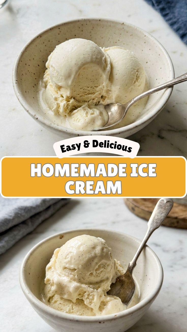 A scoop of homemade vanilla ice cream in a bowl
