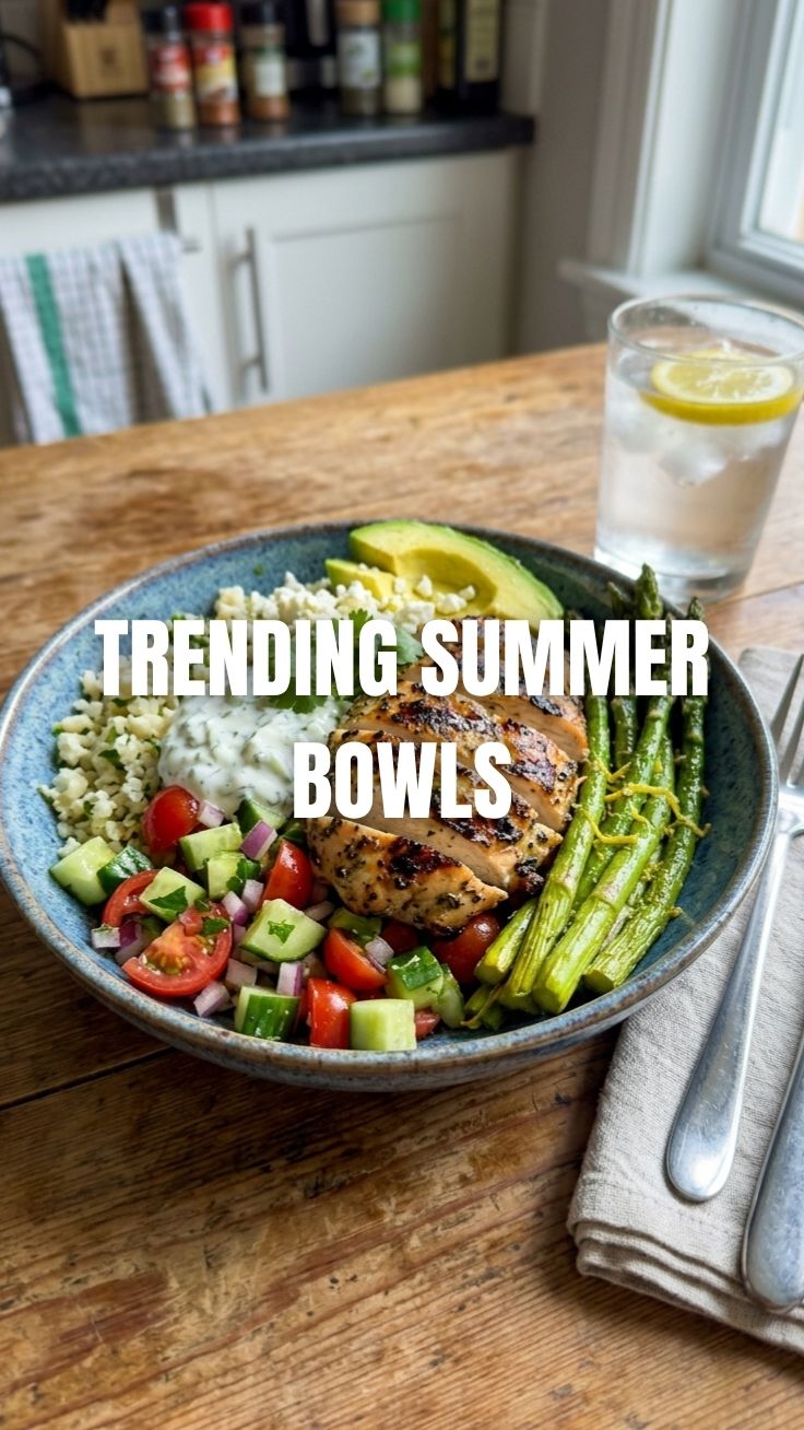 A colorful low calorie summer bowl filled with fresh vegetables and lean protein.