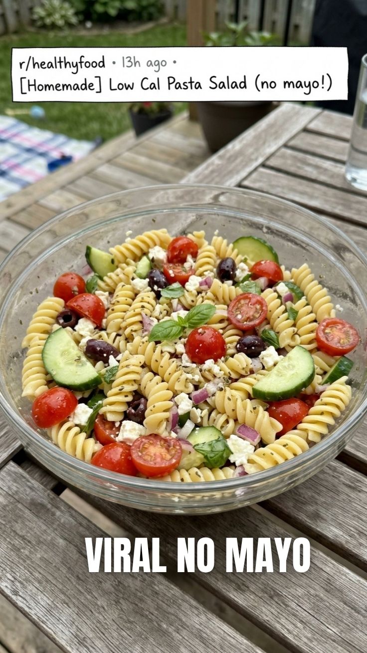 A vibrant low calorie summer pasta salad with no mayo in a large bowl
