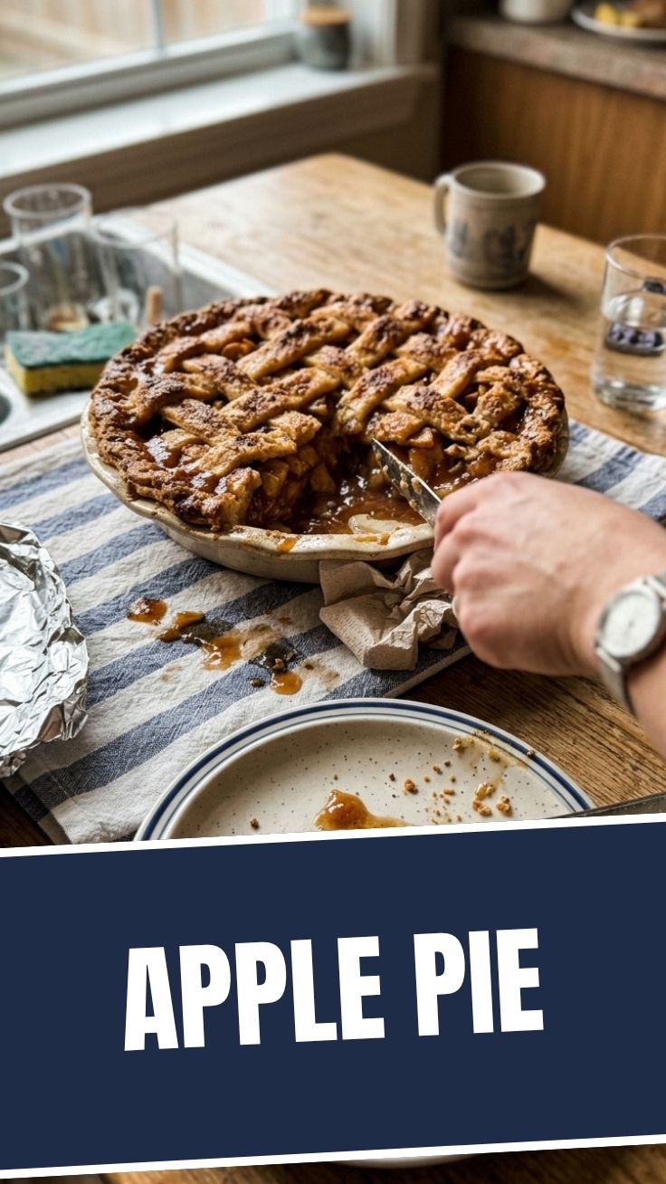 A freshly baked apple pie with a golden, flaky crust on a cooling rack.