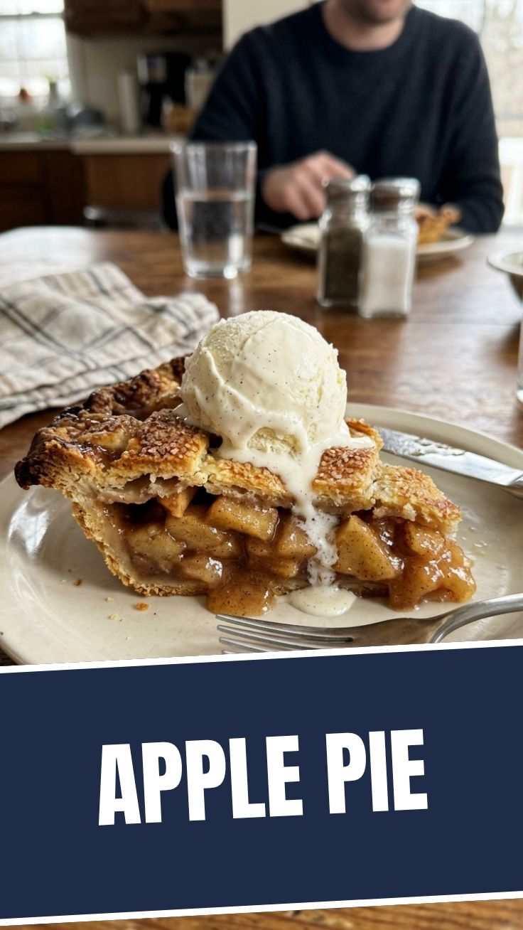 A freshly baked apple pie with a golden, flaky crust on a cooling rack.