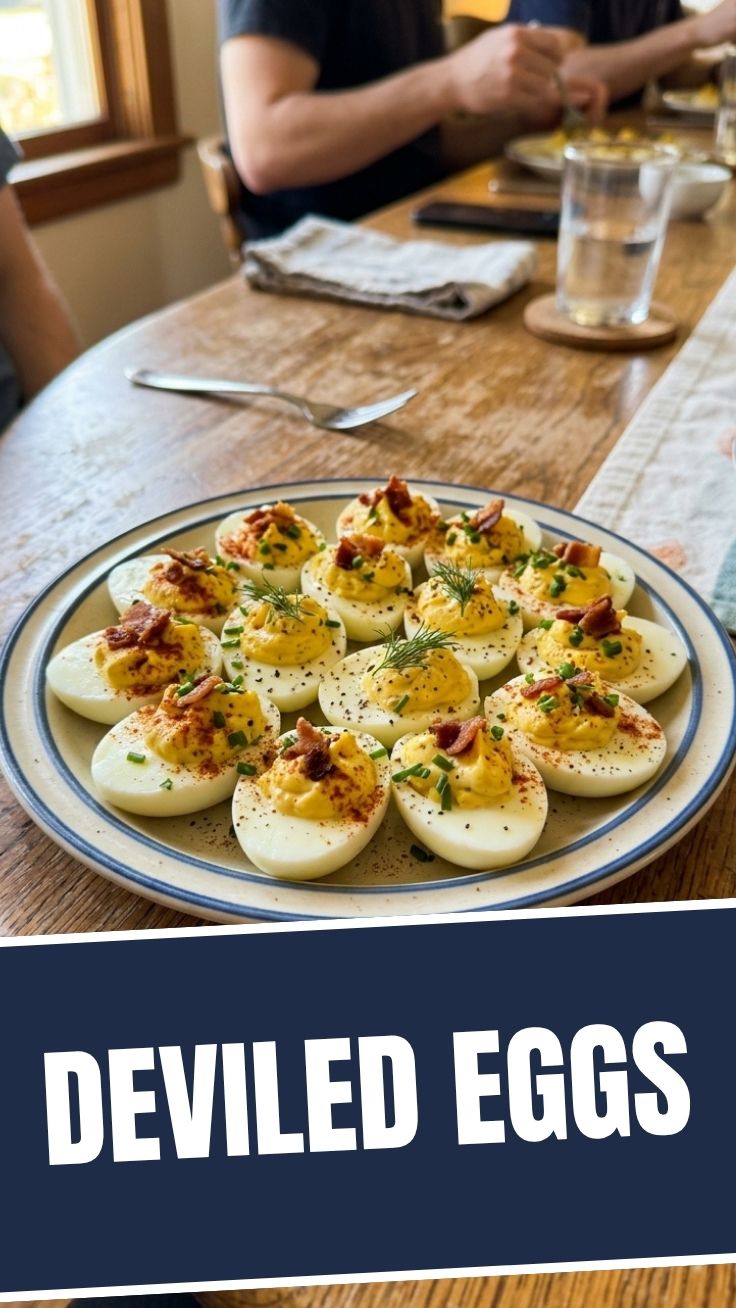 A platter of perfectly made deviled eggs, garnished for a gathering.