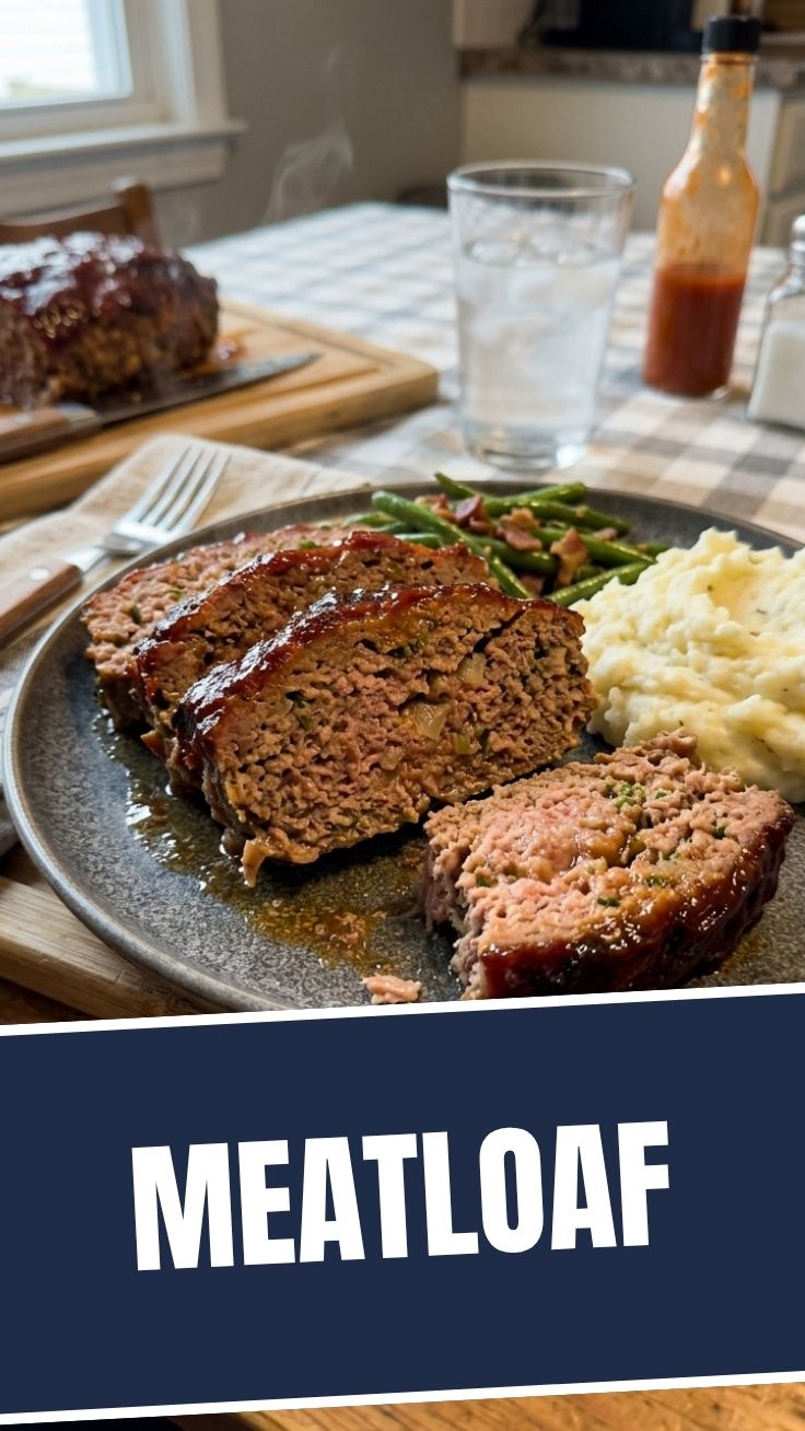 A perfectly baked meatloaf, golden brown and glistening with sauce, ready to serve.