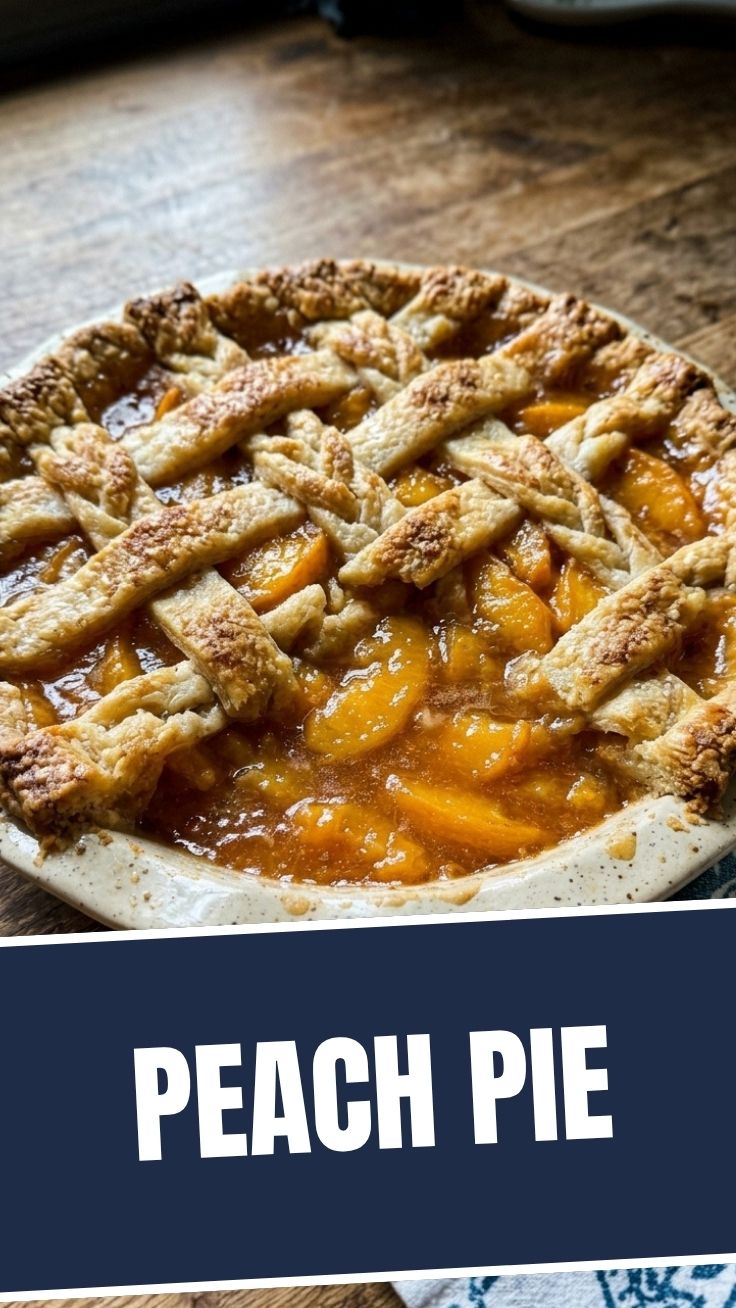 A freshly baked peach pie with a golden, flaky crust on a cooling rack.