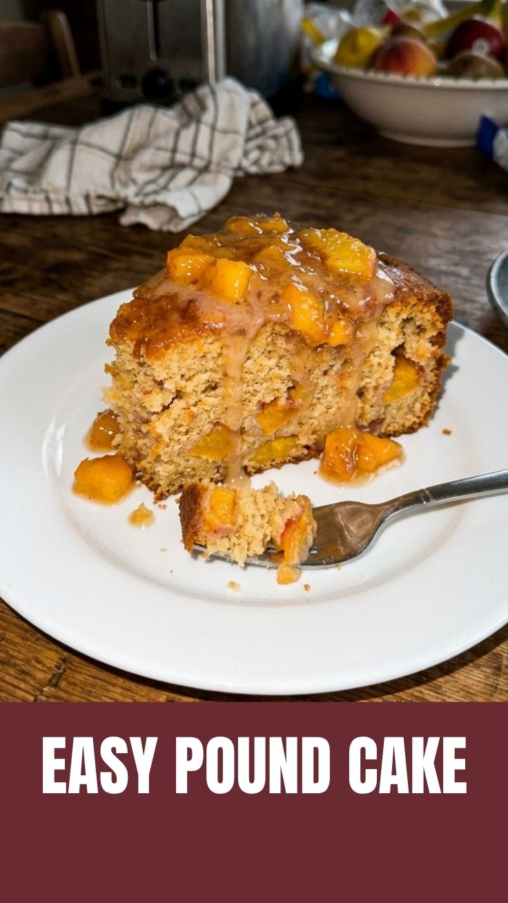 A freshly baked peach pound cake with a golden crust