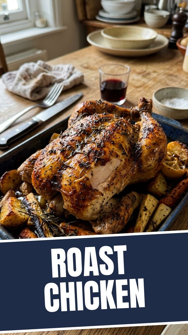 A perfectly roasted whole chicken, golden brown and crispy.