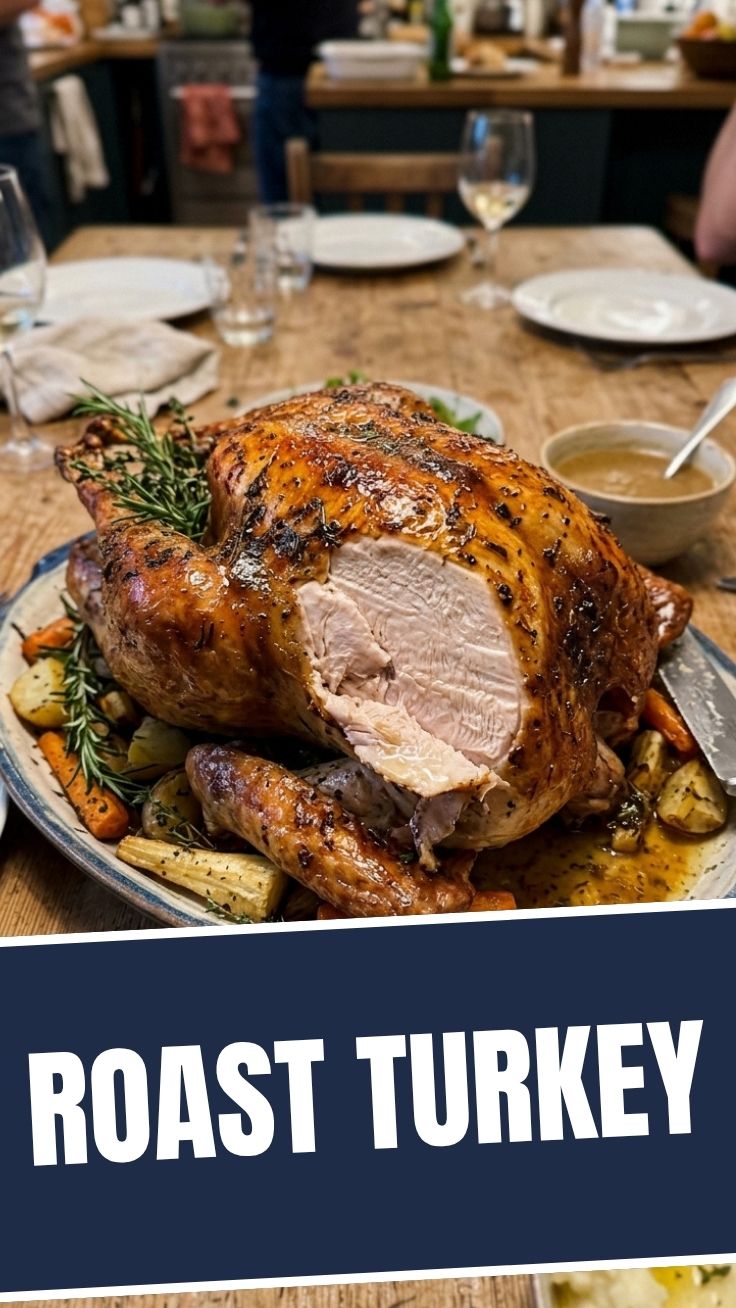 A perfectly cooked whole roast turkey with crispy golden skin