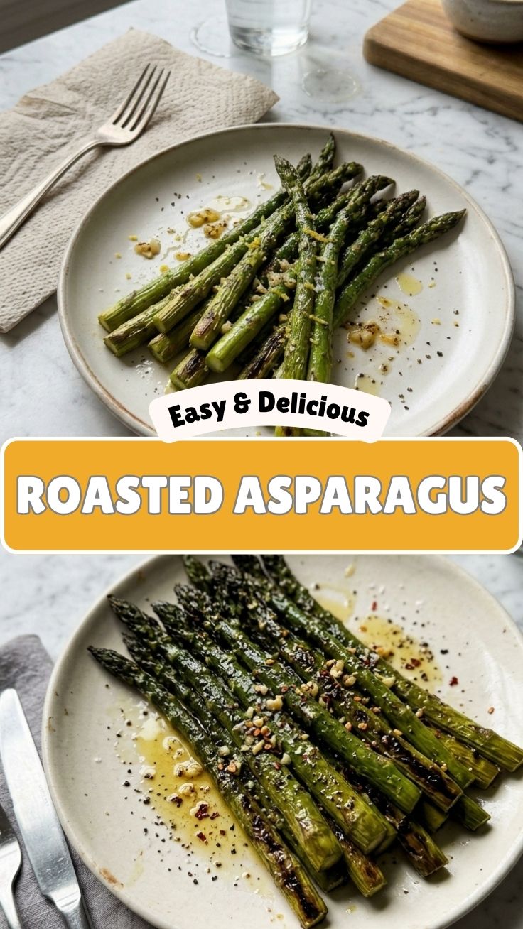 Fresh green roasted asparagus spears on a serving dish