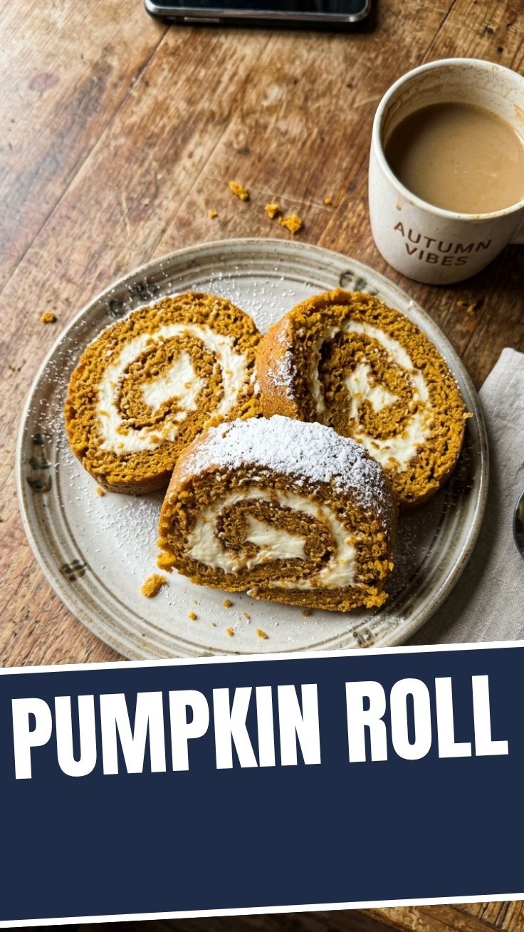 A freshly baked pumpkin roll with cream cheese frosting, ready to serve.