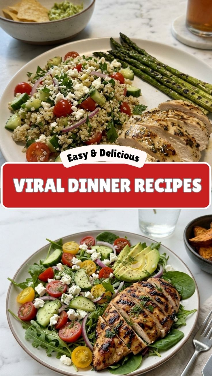 Various colourful healthy summer dinner recipes displayed on a table