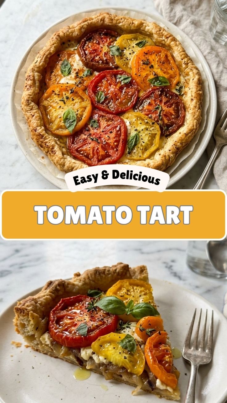 A savory heirloom tomato tart with a flaky crust on a wooden board.