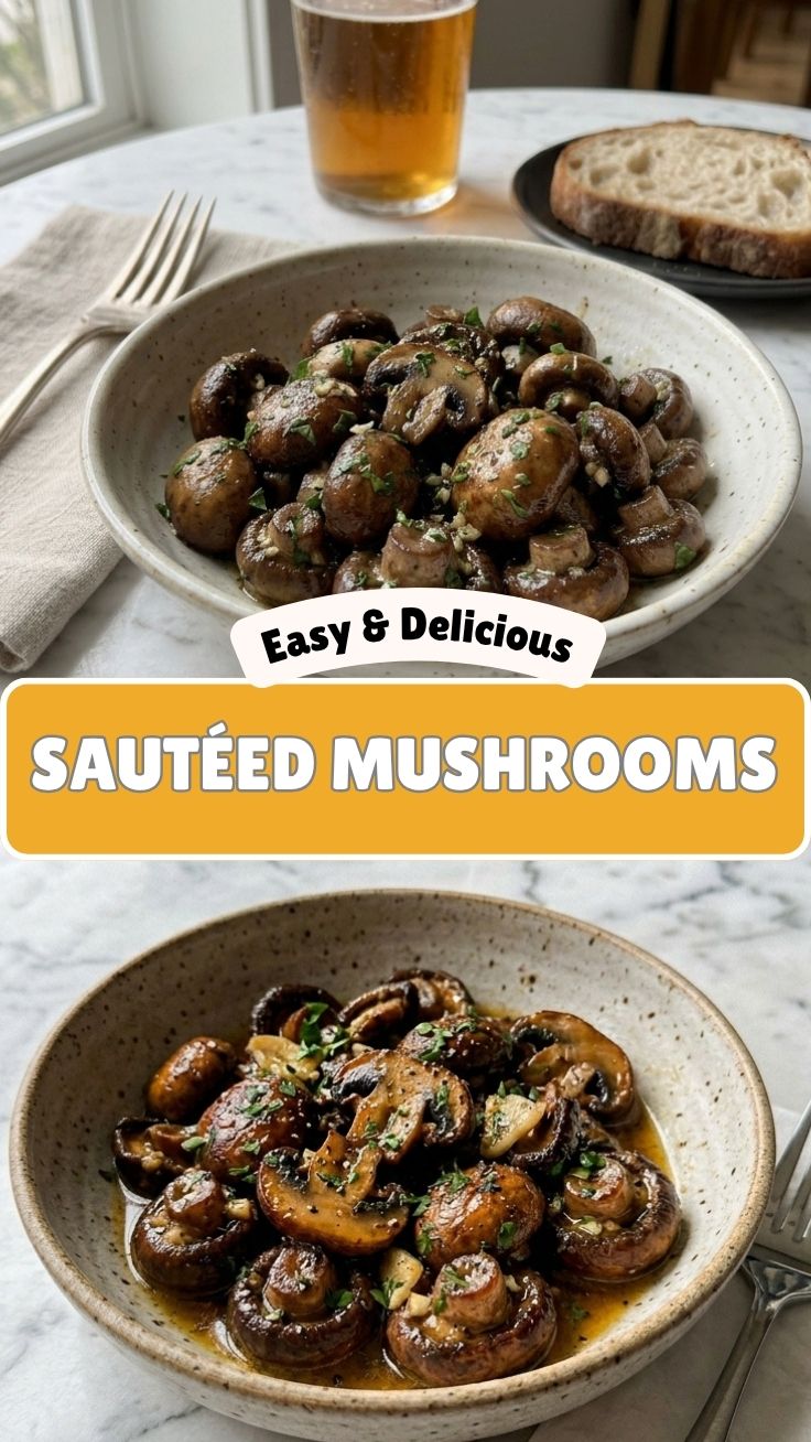 Close-up of sautéed mushrooms glistening in garlic butter sauce, ready to serve.