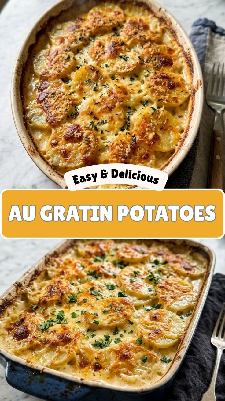 Delicious Au Gratin Potatoes with a golden-brown top, bubbling cheese, and visible potato layers