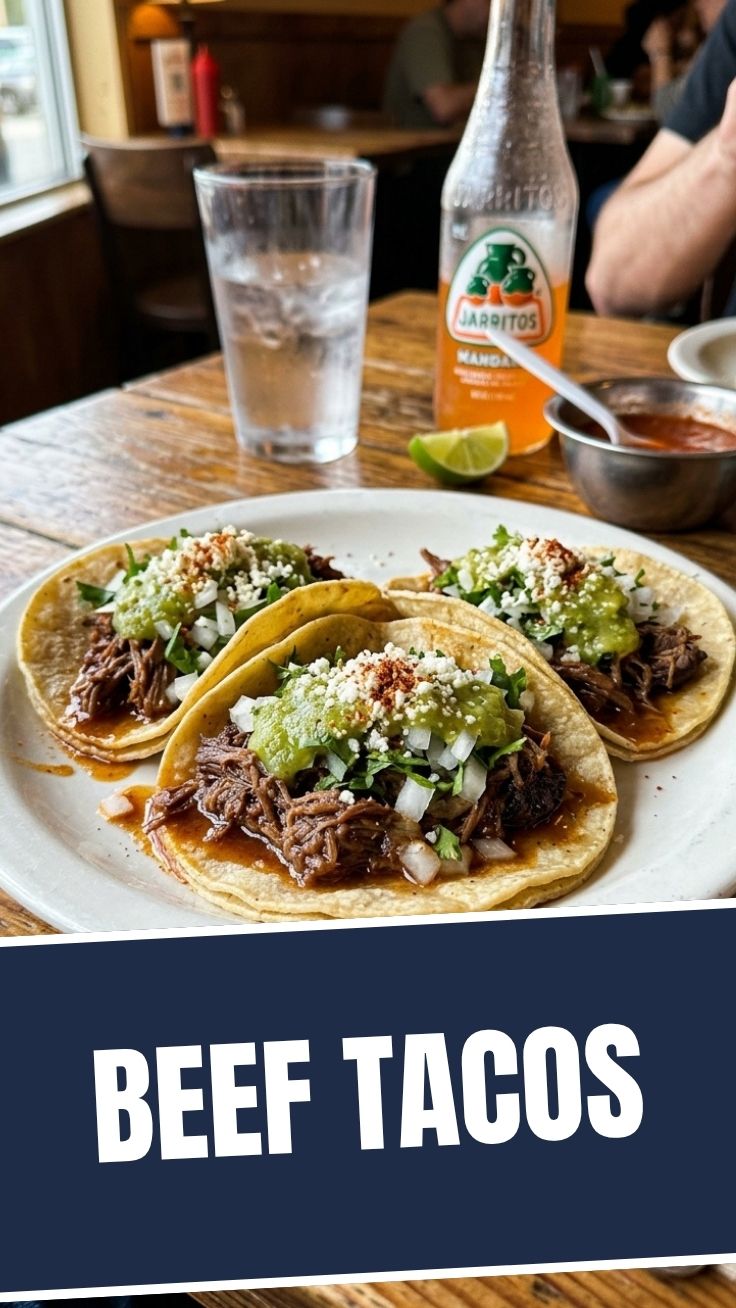 Close-up of three delicious beef tacos with fresh toppings