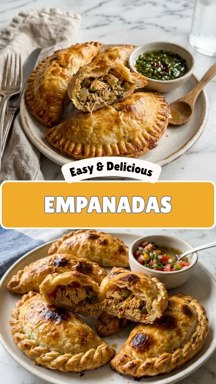 A close-up of golden-brown chicken empanadas, perfectly baked and savory.