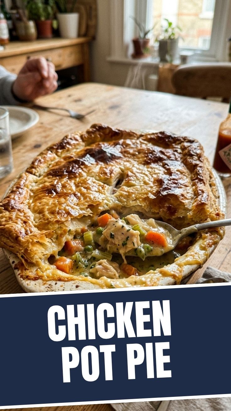 A hot, golden-crusted chicken pot pie fresh from the oven, showing steam.