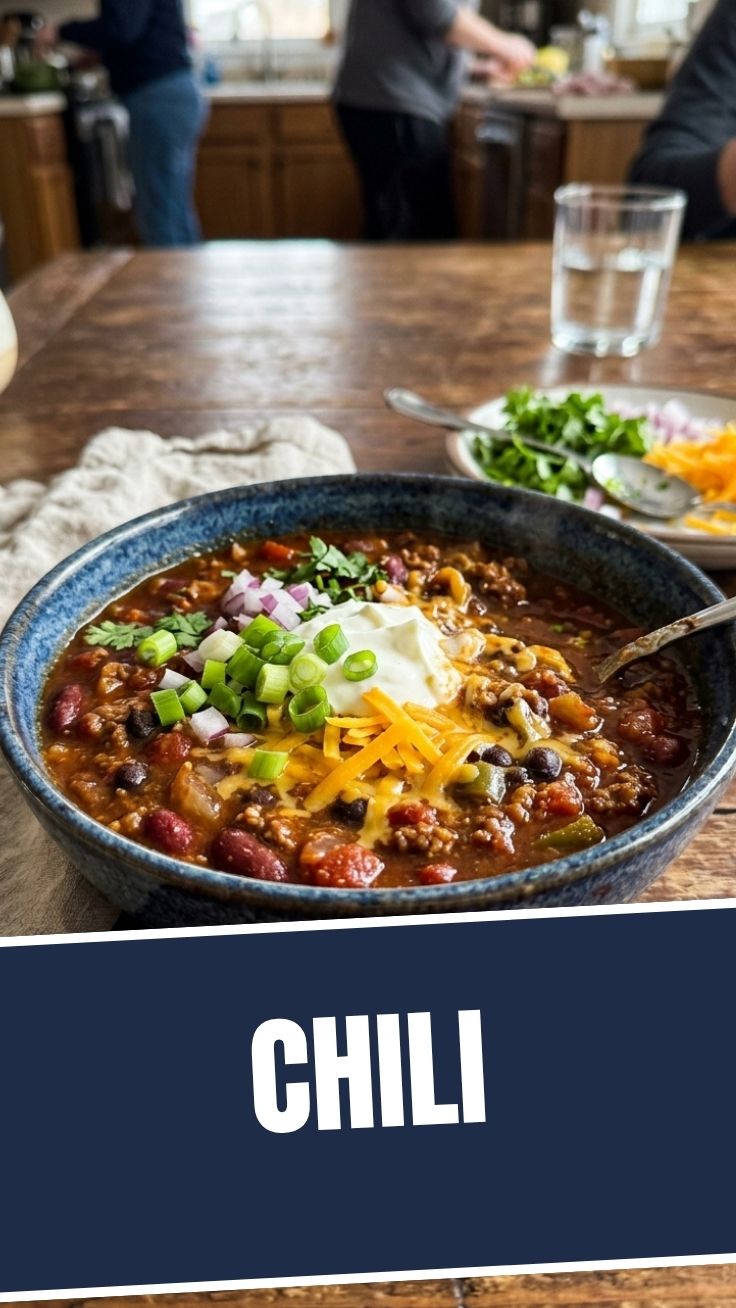 A steaming bowl of homemade chili, rich with beans and meat, topped with cheese.