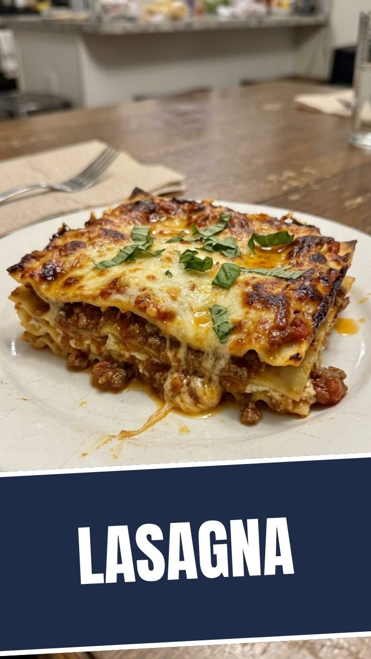 A freshly baked lasagna with melted cheese and rich tomato sauce