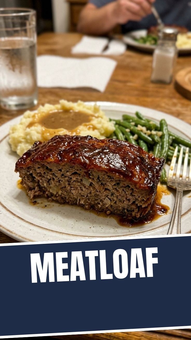 A freshly baked meatloaf, perfectly browned with a savory glaze.