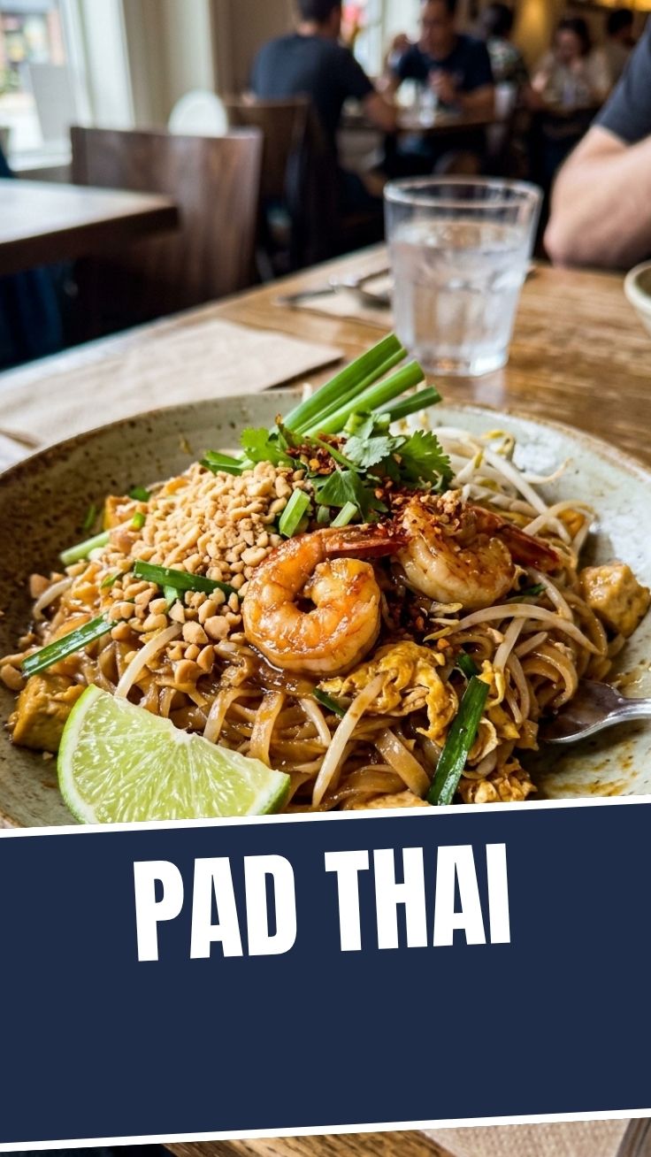 A vibrant plate of traditional Pad Thai, garnished with fresh lime and peanuts