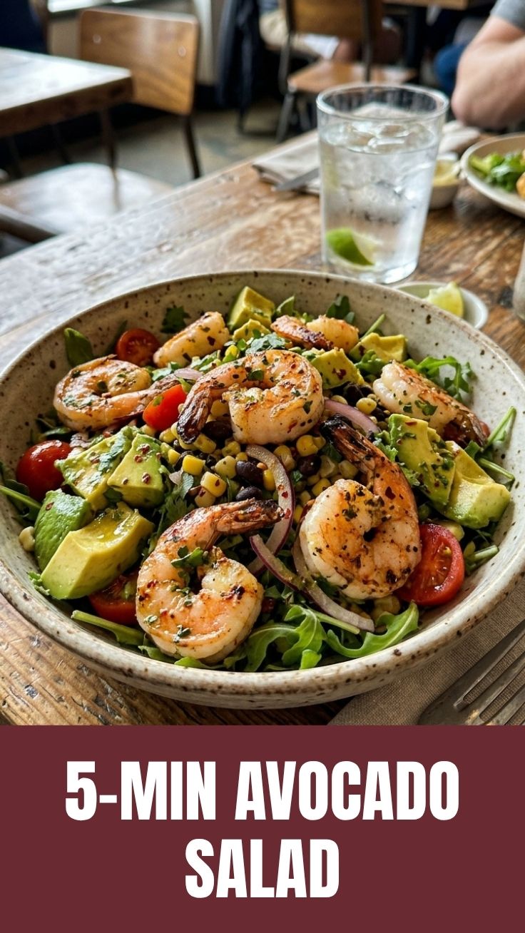A vibrant bowl of shrimp avocado salad with mixed greens.