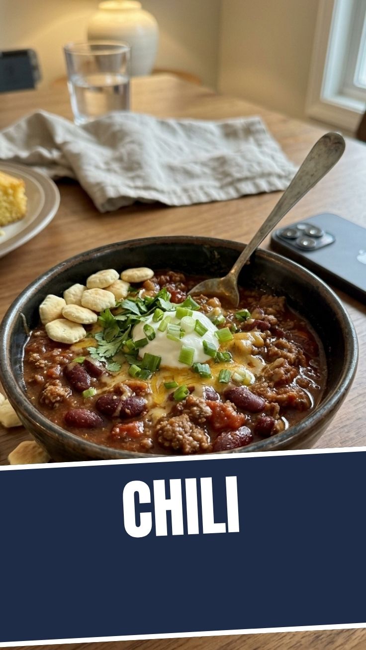 A steaming bowl of red chili garnished with fresh herbs and cheese