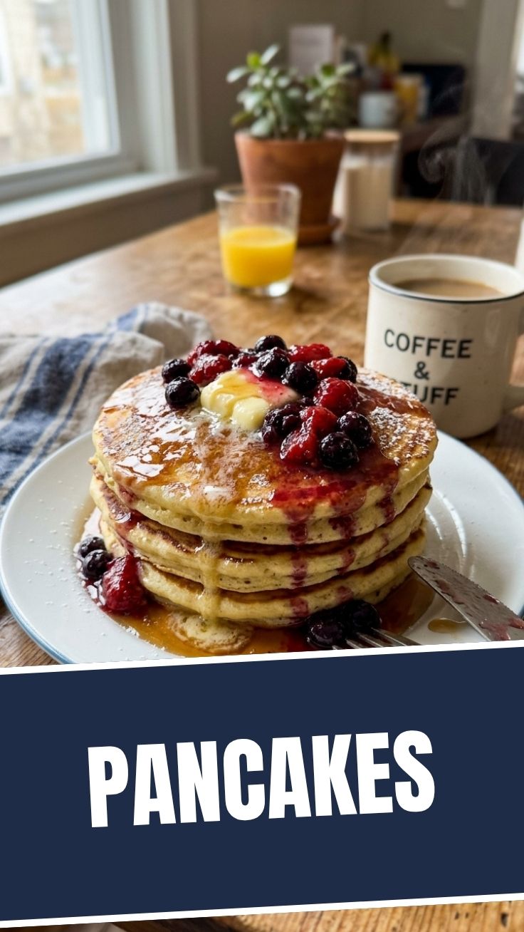 A tall stack of fluffy pancakes drizzled with syrup and butter.