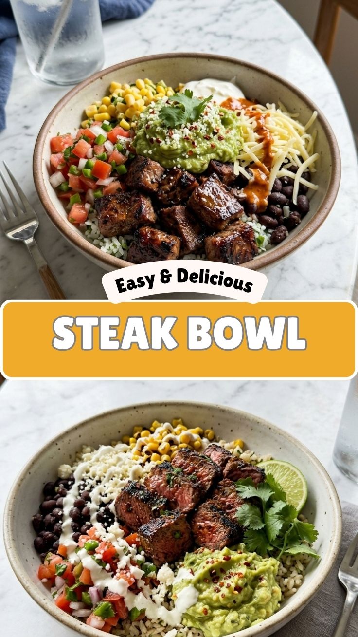 A custom-built steak bowl, Chipotle-style, with various fresh ingredients