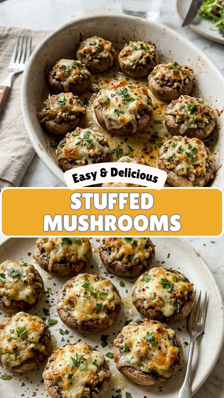 Platter of freshly baked stuffed mushrooms, golden brown and garnished with herbs.