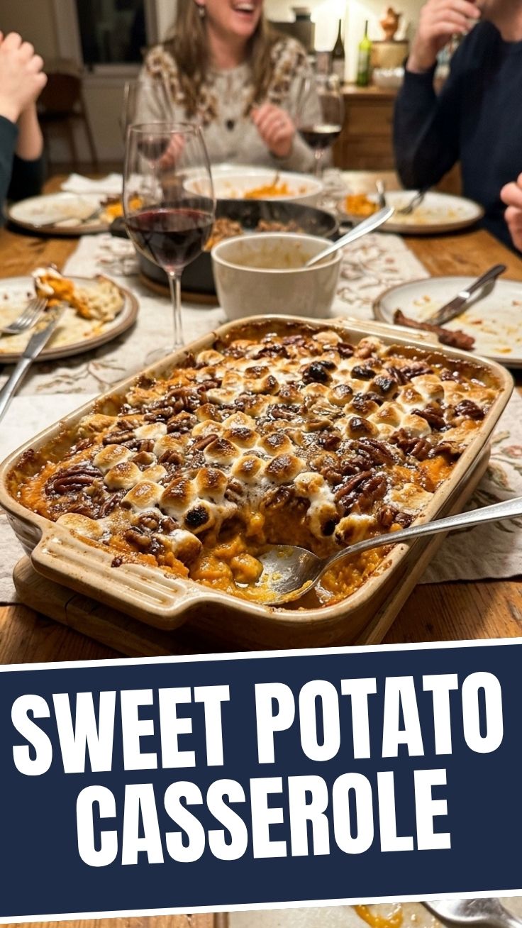 A cozy sweet potato casserole with a golden-brown toasted marshmallow topping.