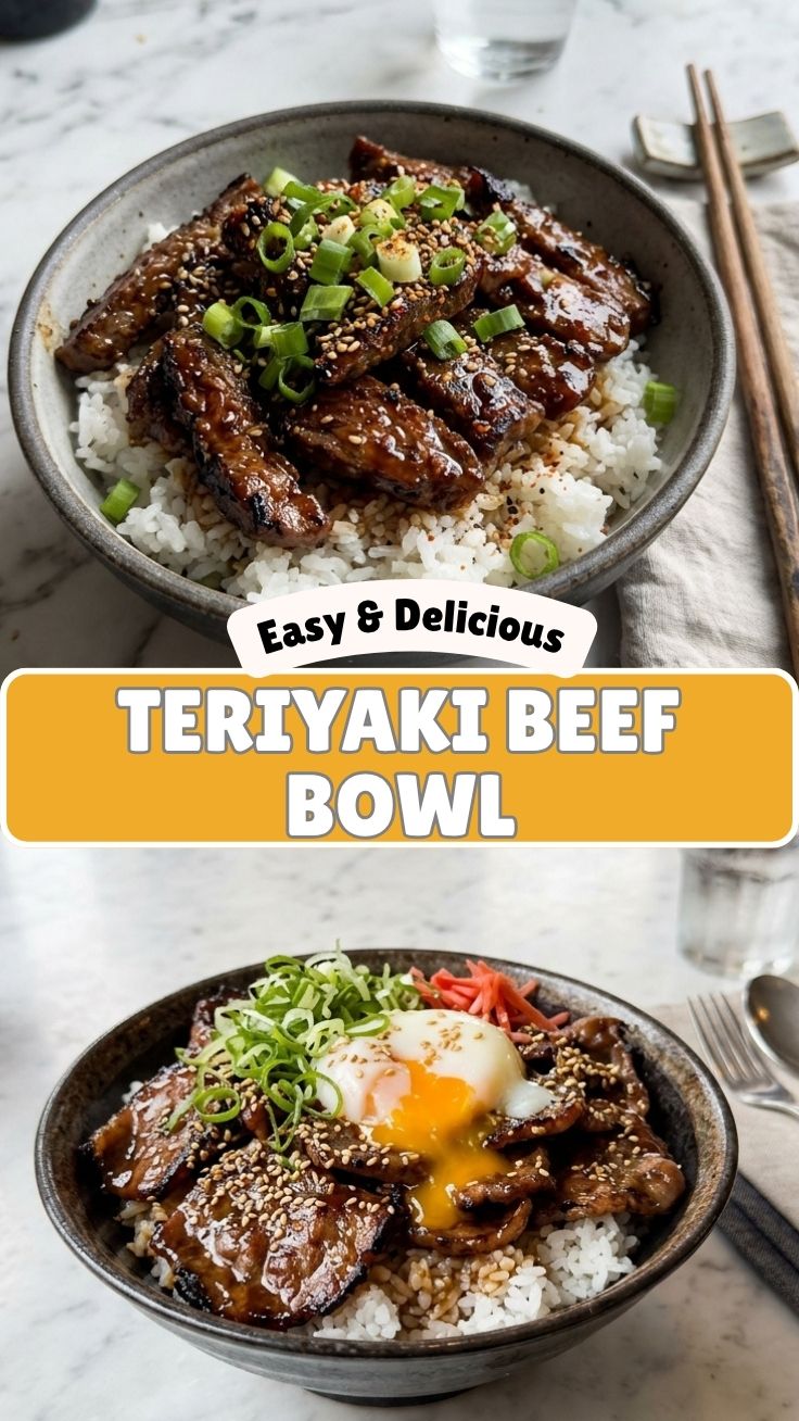 A steaming hot teriyaki beef bowl garnished with sesame seeds and green onions.
