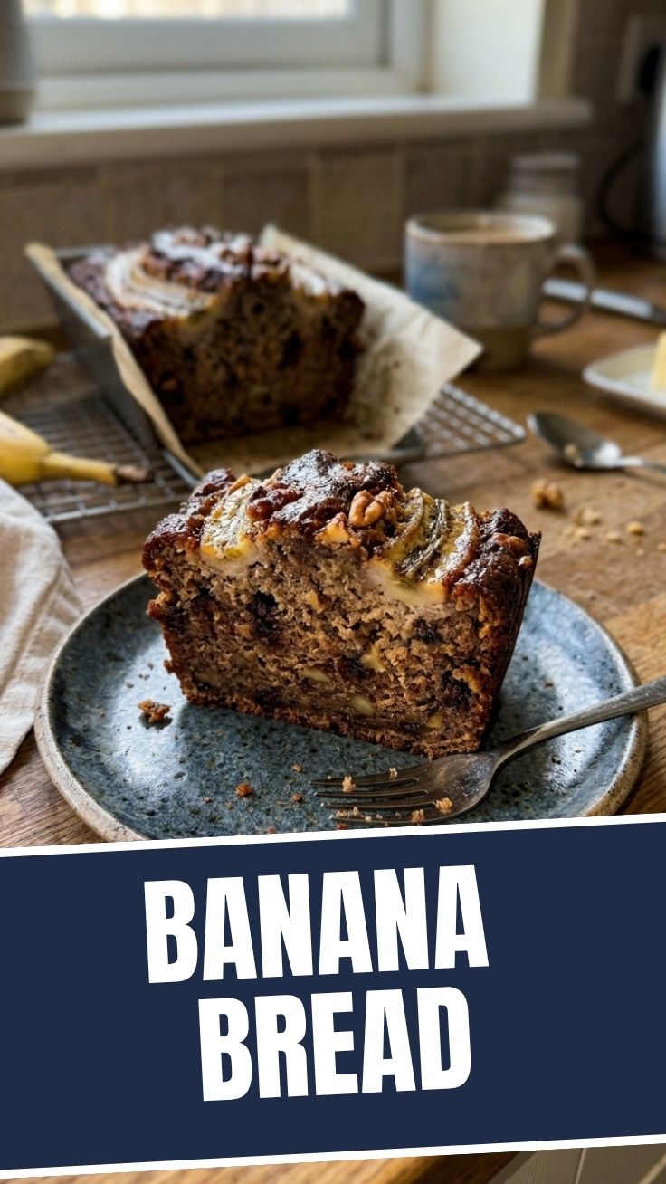 A loaf of freshly baked banana bread on a wooden cutting board