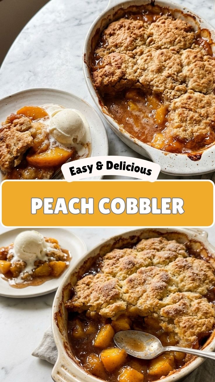 A freshly baked peach cobbler with a golden-brown crust, served warm.