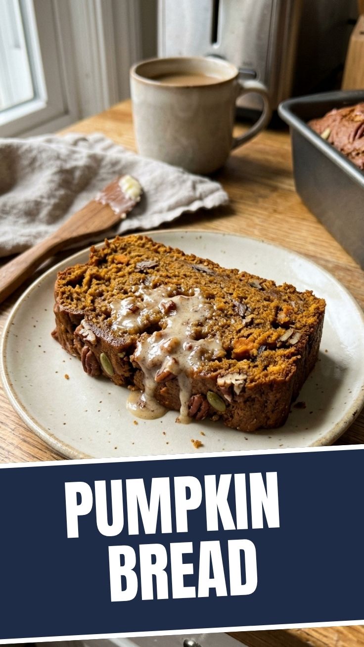 A freshly baked loaf of pumpkin bread cooling on a wire rack.