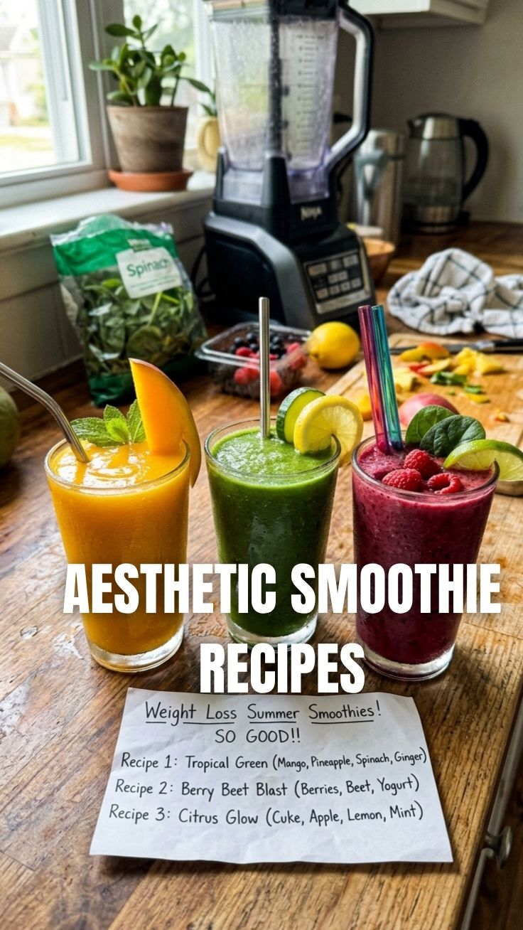 Collection of vibrant weight loss summer smoothie recipes in various glasses with fresh fruit garnishes.
